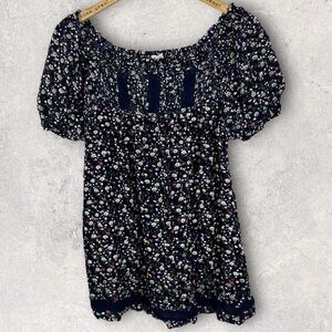 Easel Floral Lace Off The Shoulder Boho Mini Dress Size Large Navy Blue Bohemian